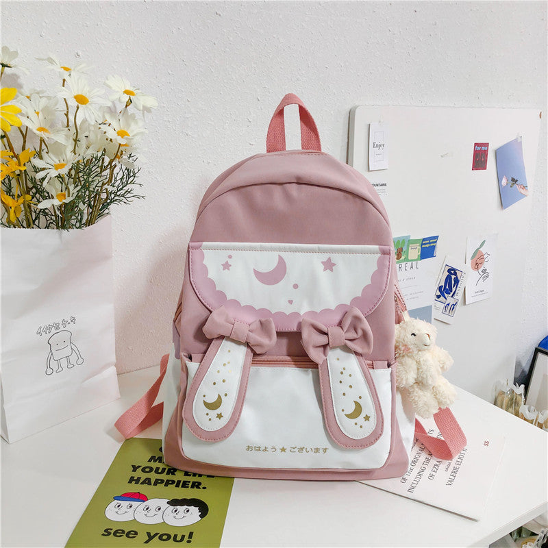 Kawaii Nylon School Backpack for Girls – Moon & Star Print, Bow Detail