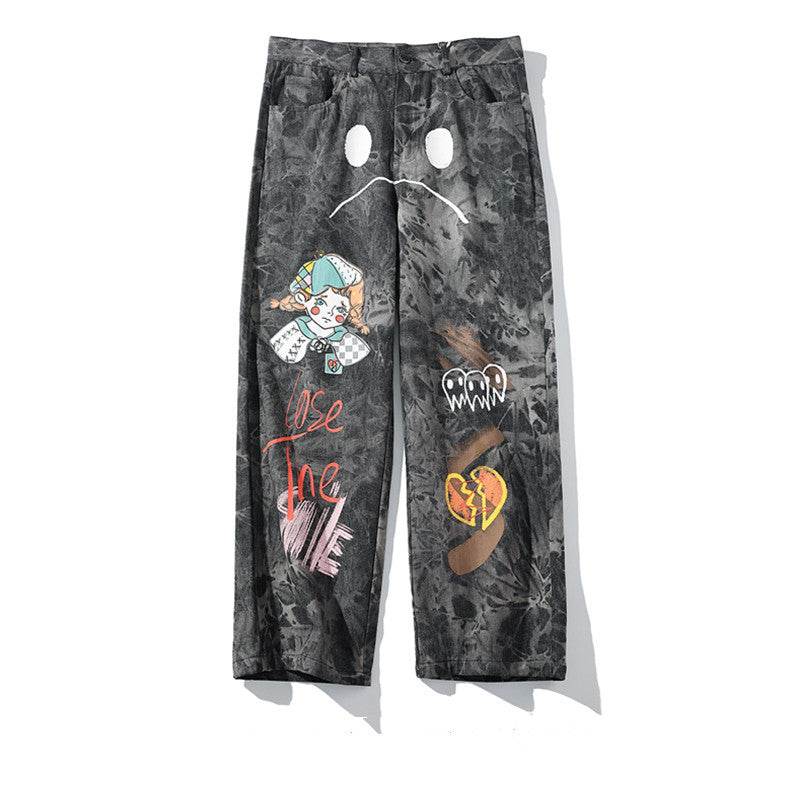 Streetwear Men Loose Denim Pants Graffiti Print Black Vintage Denim Pants Harajuku Joggers Trousers Cotton Jeans - EX-STOCK Canada