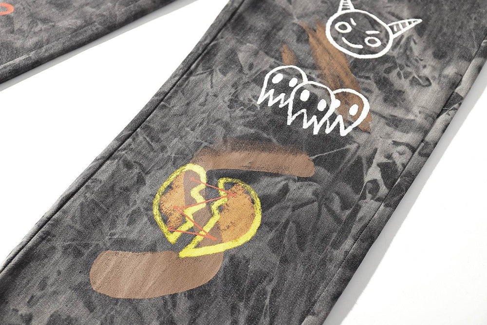 Streetwear Men Loose Denim Pants Graffiti Print Black Vintage Denim Pants Harajuku Joggers Trousers Cotton Jeans - EX-STOCK Canada