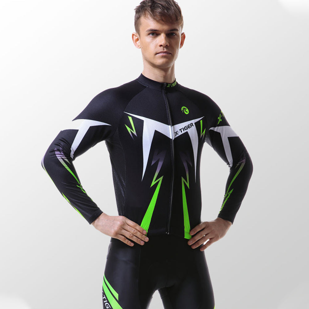 Men's Long Sleeve Cycling Jersey Set – Quick-Dry Road Bike Suit | Red & Green | XS–3XL