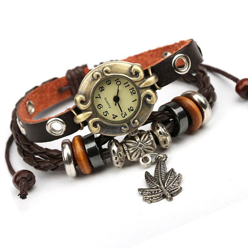 Factory Direct Genuine Leather Bracelet Watch Retro Leather Bracelet Watch Beaded Bracelet Yiwu Wholesale Jewelry - EX-STOCK Canada