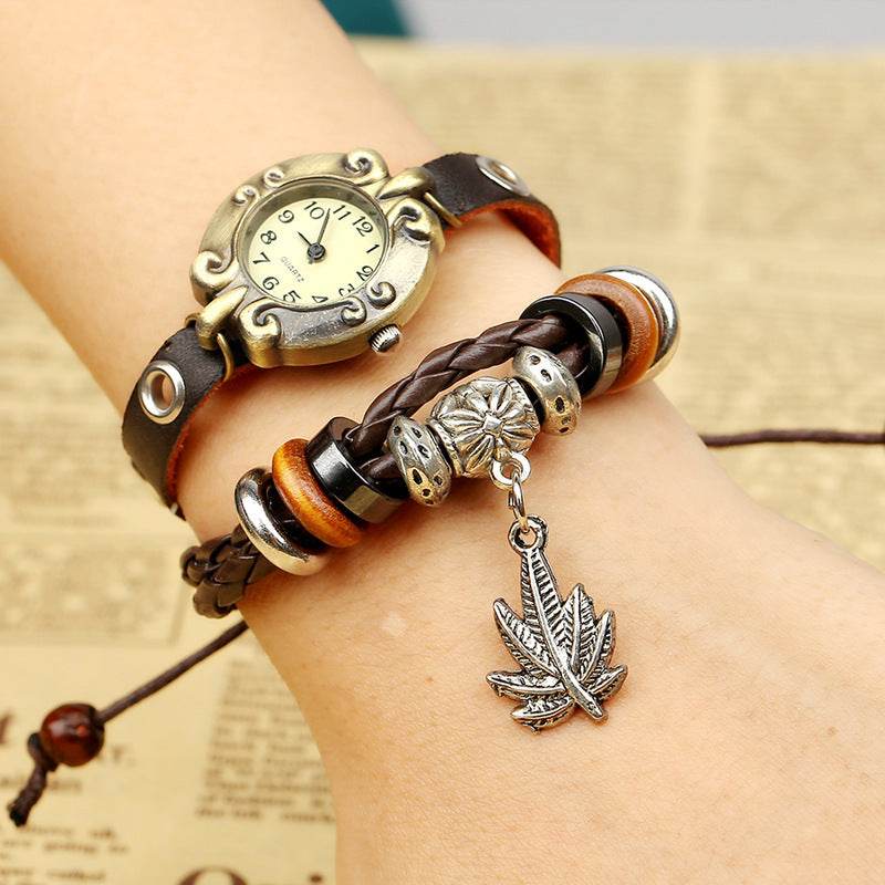 Factory Direct Genuine Leather Bracelet Watch Retro Leather Bracelet Watch Beaded Bracelet Yiwu Wholesale Jewelry - EX-STOCK Canada