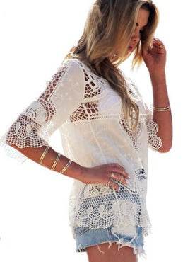 Jastie Bohemian Hollow Out Beach Cover Up Blouse Beach Shirt Women Crochet Lace Top Blusas mujer de moda Summer Tops - EX-STOCK Canada