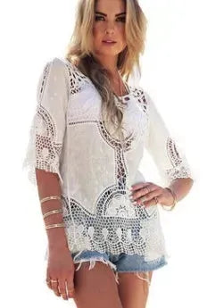 Jastie Bohemian Hollow Out Beach Cover Up Blouse Beach Shirt Women Crochet Lace Top Blusas mujer de moda Summer Tops - EX-STOCK CANADA
