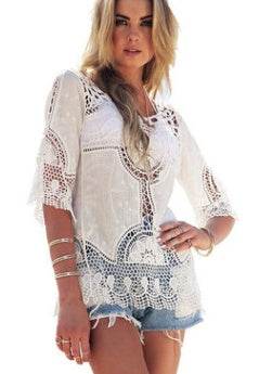 Jastie Bohemian Hollow Out Beach Cover Up Blouse Beach Shirt Women Crochet Lace Top Blusas mujer de moda Summer Tops - EX-STOCK Canada