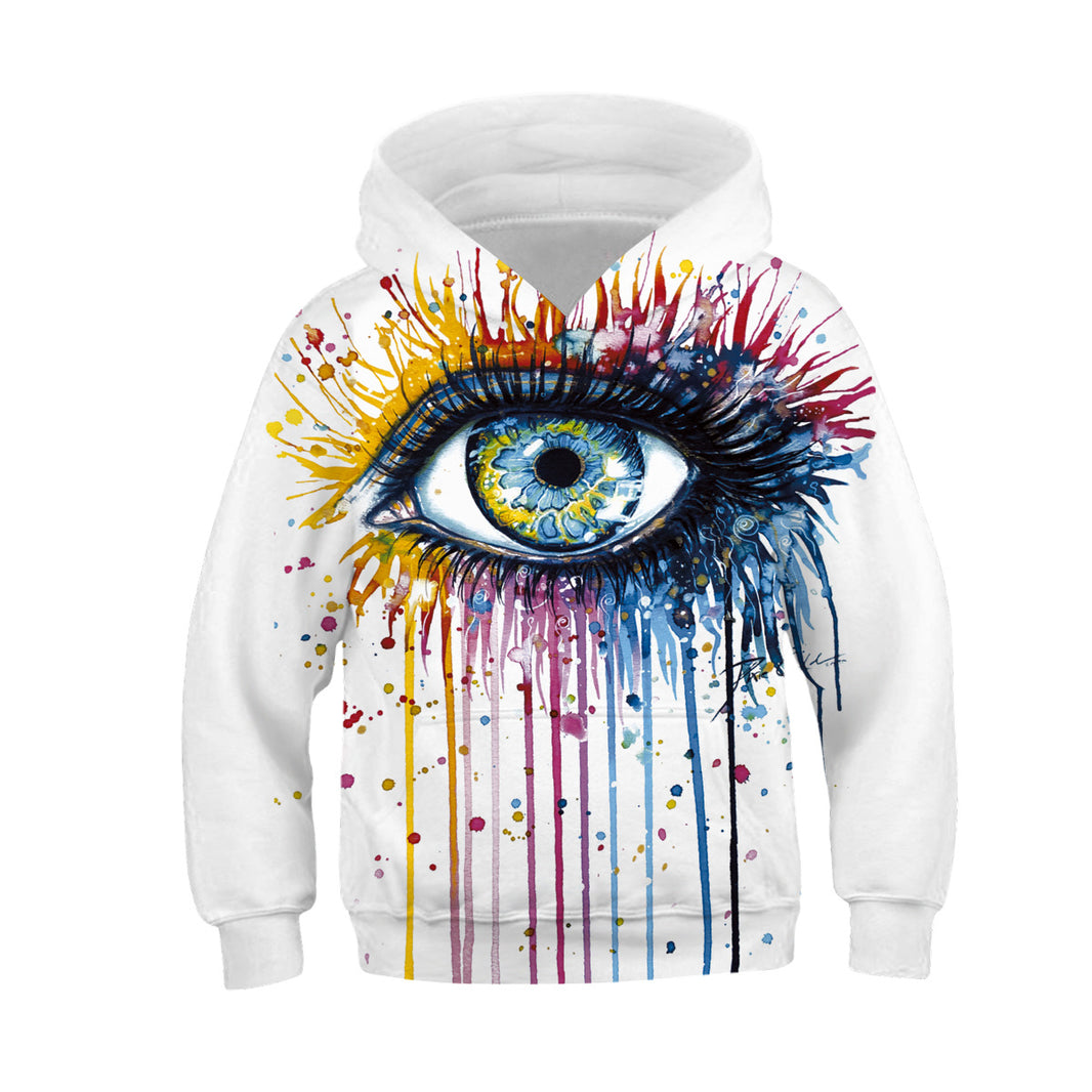 White hoodie with a colorful eye design on a white background