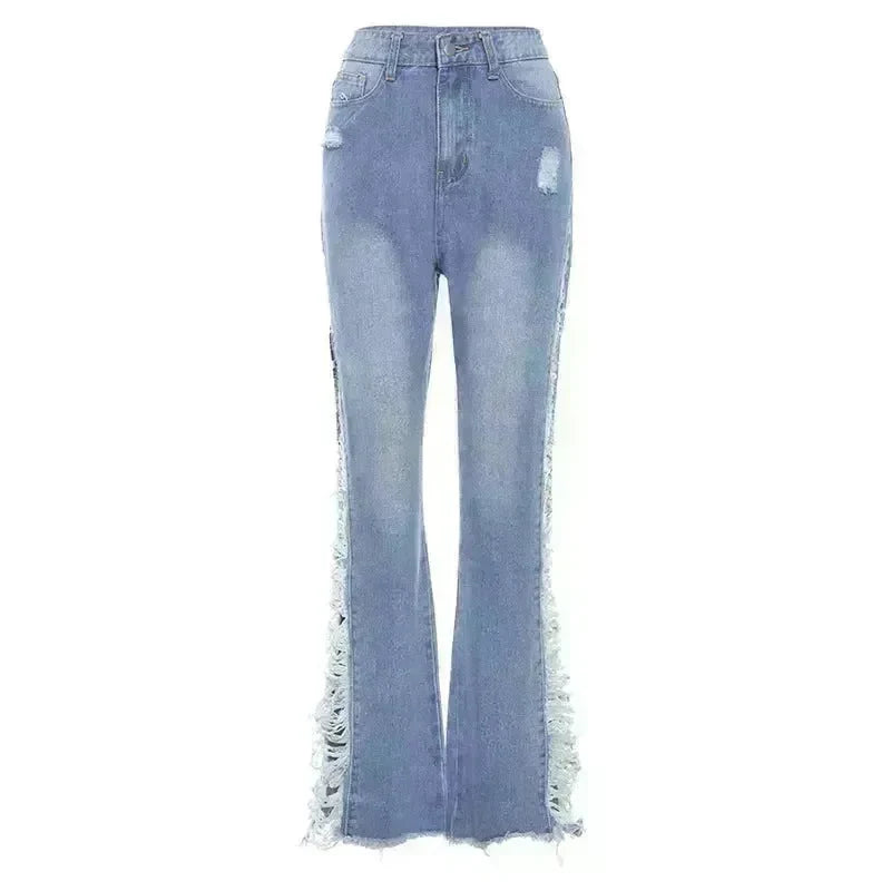 Fashion Ripped Casual Pants Bag Hip Contrast Frosted Bootcut Jeans - EX-STOCK CANADA