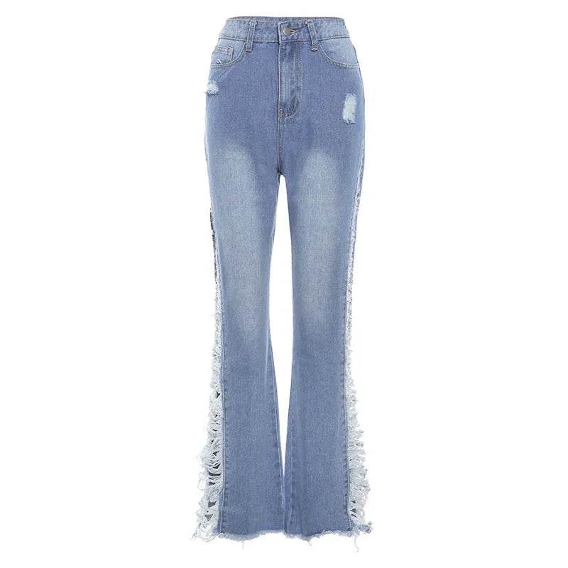 Fashion Ripped Casual Pants Bag Hip Contrast Frosted Bootcut Jeans - EX-STOCK Canada