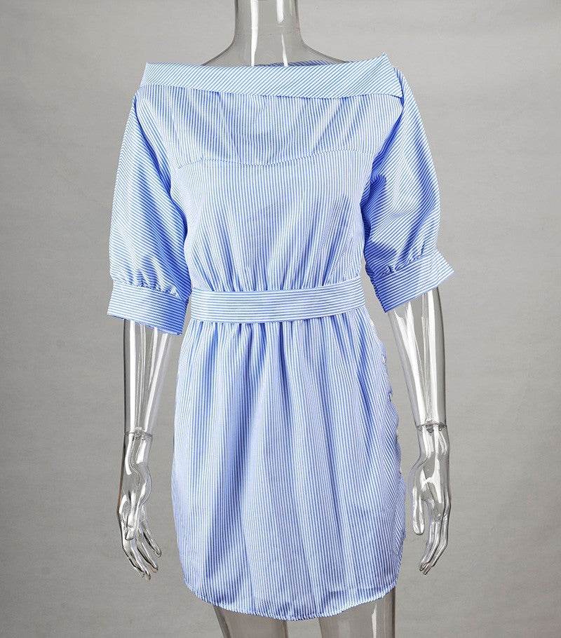 Summer Dress chic slant Shoulder stripe tie belt mini Dress - EX-STOCK Canada