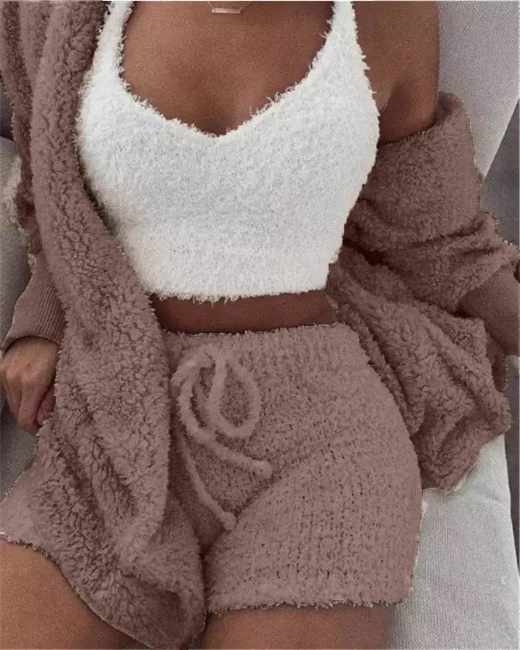 Winter Sexy Women Home Wear Suit Casual Pajamas Set Lady Female Soft Warm Long Sleeve Exposed Navel Vest Shorts Set - EX-STOCK Canada
