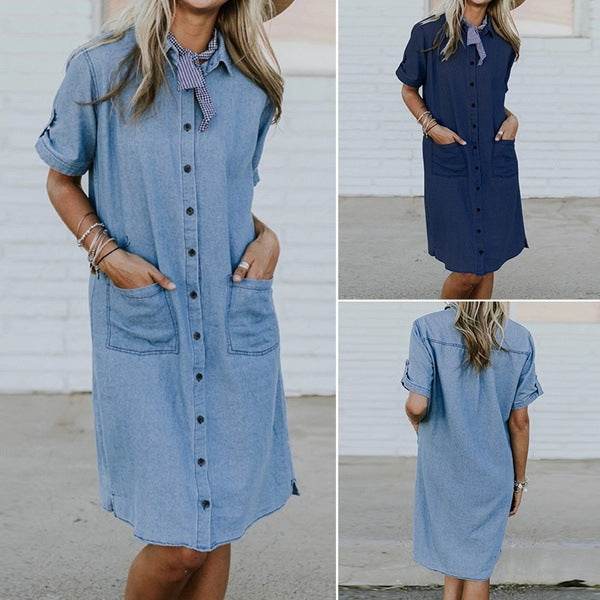 Women's Solid Color Casual Denim Short Sleeve Pocket loose Denim Dress - EX-STOCK Canada