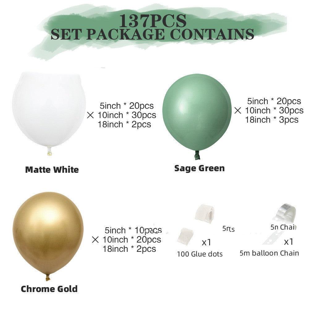 Balloon set package with matte white, sage green, and chrome gold balloons on a white background.