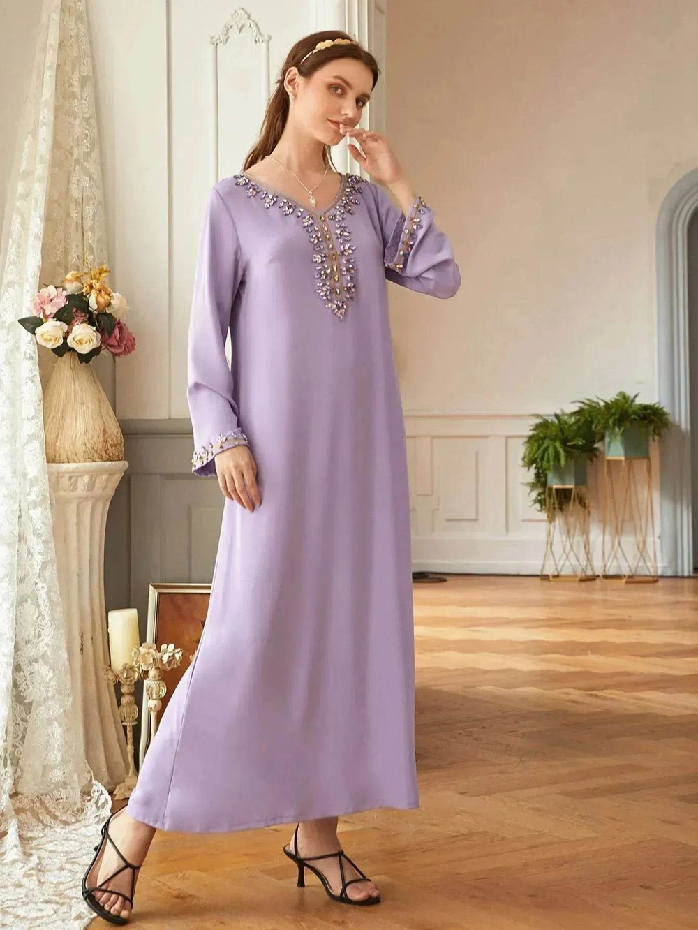 Casual Light Purple Heavy Industry Rhinestone Phnom Penh Robe Middle East Turkey Dress - EX-STOCK Canada