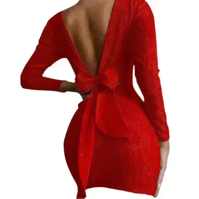 Mini robe à manches longues à nouette à arc interfrontalière européenne et américaine et américaine
