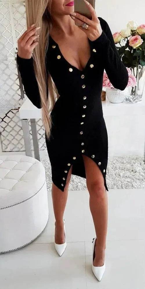 Autumn Winter Party Club V-neck Split Bodycon Sweater Dress - EX-STOCK Canada