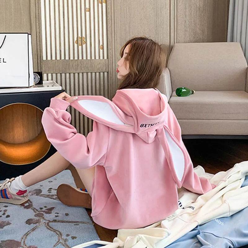 Cute Women Girls Rabbit Ears Plus Velvet Thick Hoodies Pullover Pocket Sweatshirts - EX-STOCK Canada