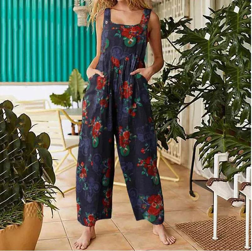 Casual Summer Cotton Floral Sleeveless loose Jumpsuit - EX-STOCK Canada