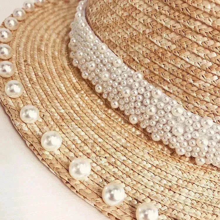 Elegant Retro Pearl Wheat Straw Flat Top Straw Hat Women's Summer Sun Protection Beach Hat Hepburn Style - EX-STOCK Canada