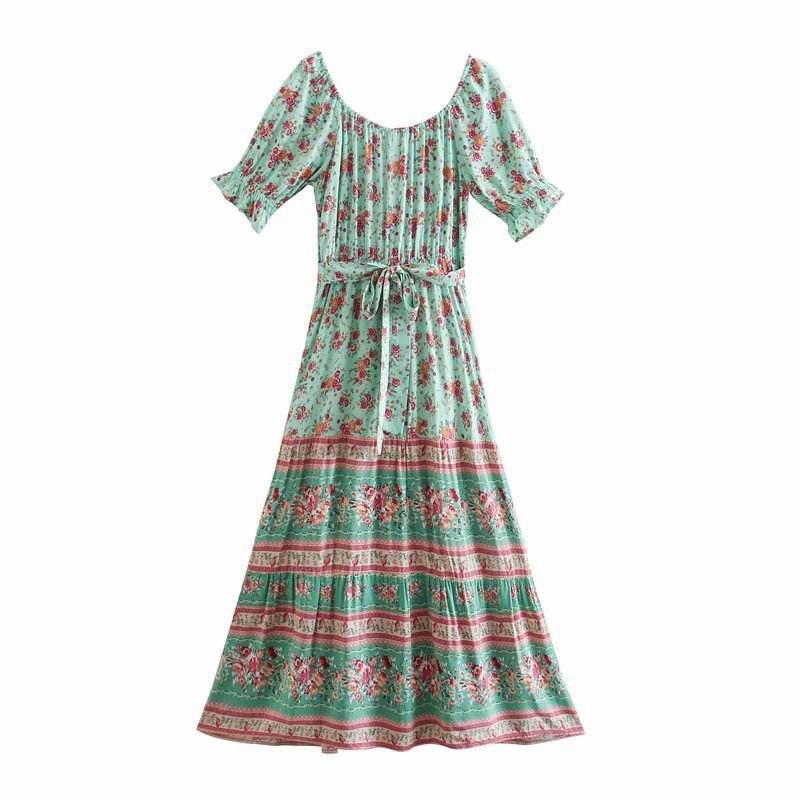 Aachoae Women Elegant A Line Long Maxi Dress With Belt Summer Floral Print Beach Dress Ruffle Short Sleeve Bow Tie Chic Dresses - EX-STOCK Canada
