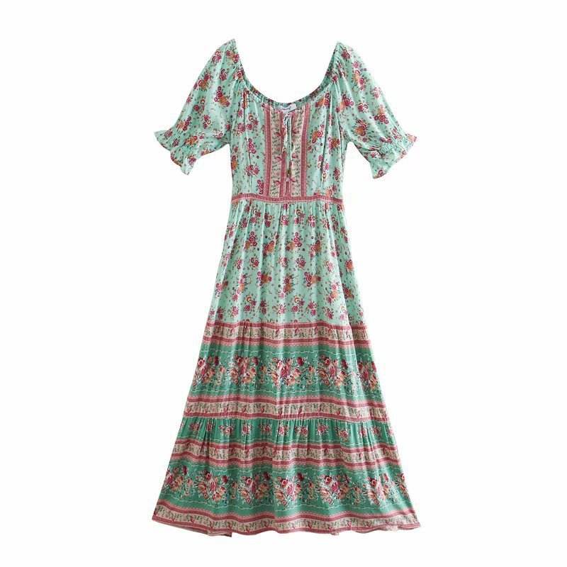 Aachoae Women Elegant A Line Long Maxi Dress With Belt Summer Floral Print Beach Dress Ruffle Short Sleeve Bow Tie Chic Dresses - EX-STOCK Canada