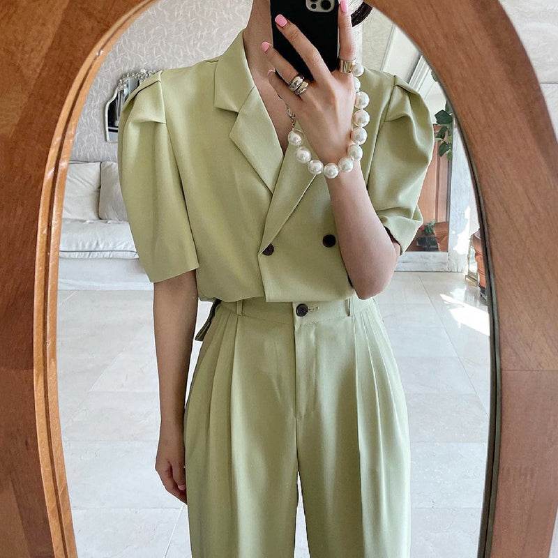 Simple Lapel Double-breasted Puff Sleeve Blazer High-waist Pleated Casual Trousers suit - EX-STOCK Canada