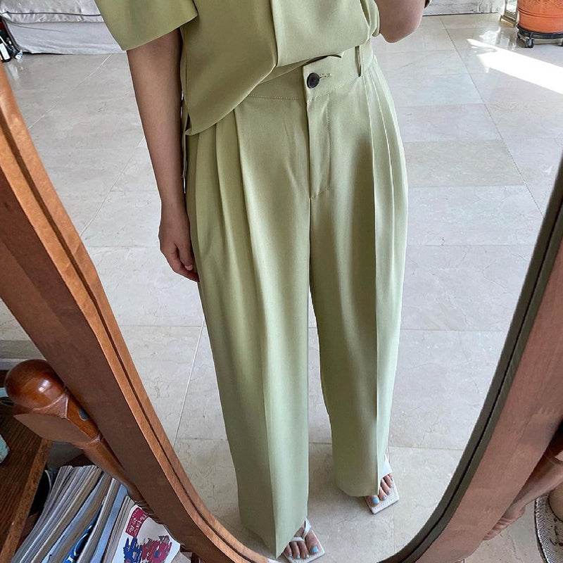 Simple Lapel Double-breasted Puff Sleeve Blazer High-waist Pleated Casual Trousers suit - EX-STOCK Canada