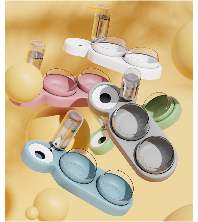 Set of colorful pet bowls on a yellow abstract background