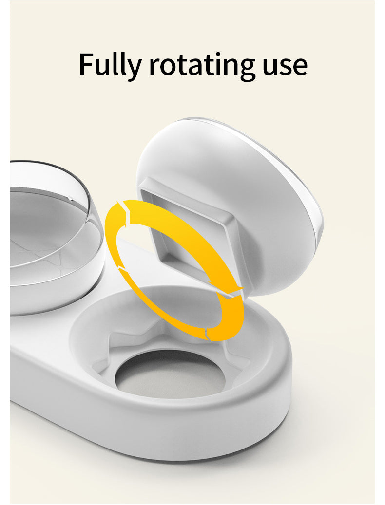 White pet feeder with a yellow arrow indicating 'fully rotating use' on a beige background