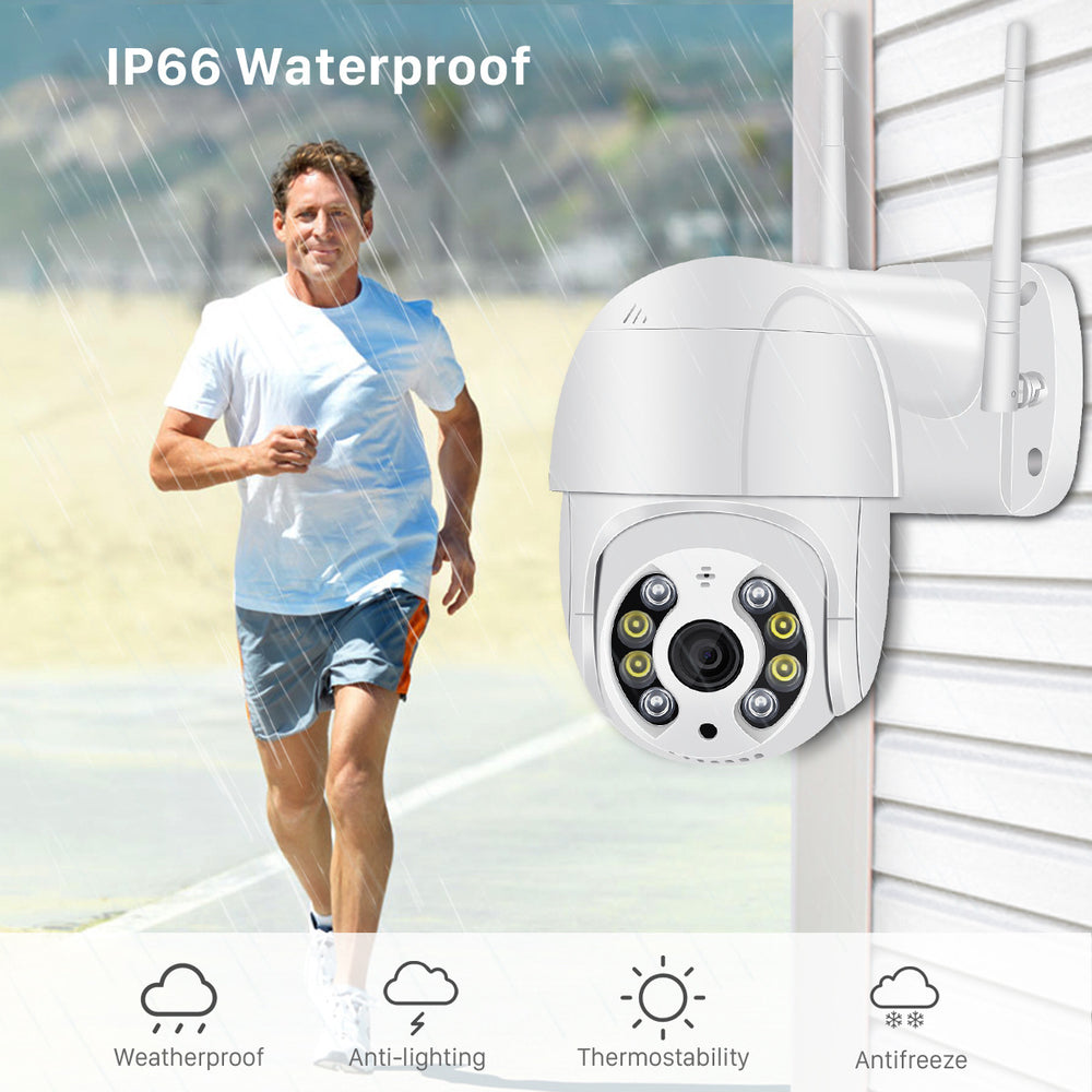 Outdoor security camera with weatherproof features, man running in the background