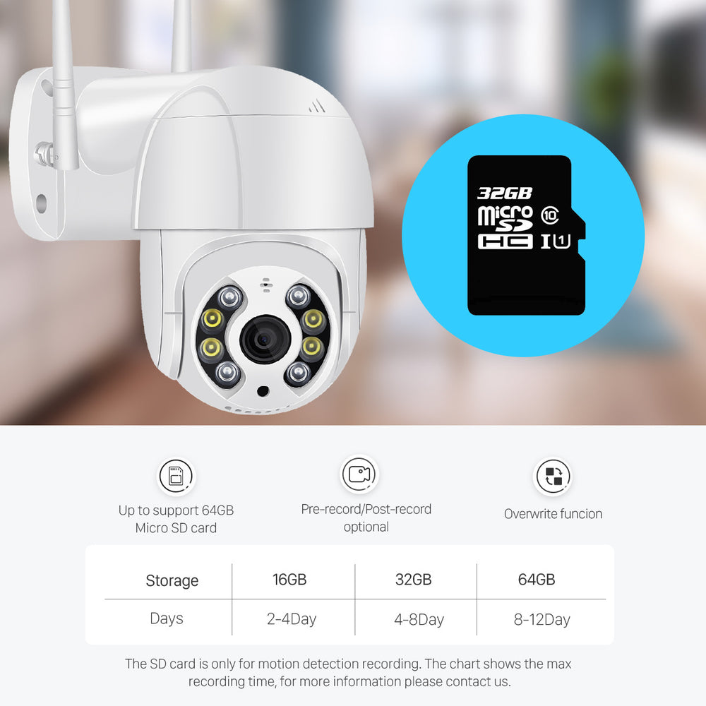 Outdoor security camera with 32GB microSD card icon and storage details on a blurred background