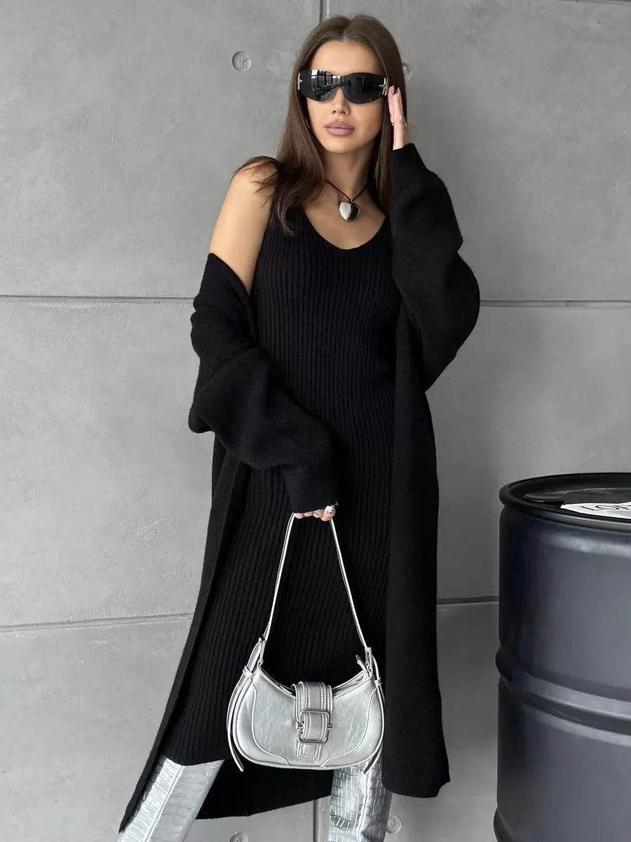 Women 2pcs Winter outfit set Long dress Cashmere Long Cardigan Jacket - EX-STOCK Canada