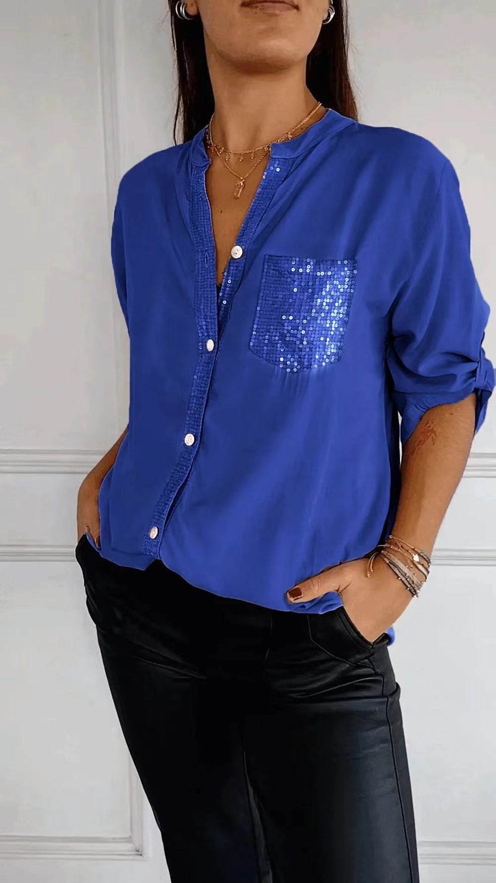 Casual Button-down Long Sleeve Shirt With Sequin Pocket Design Fashion Commuter Top Women Clothing - EX-STOCK Canada