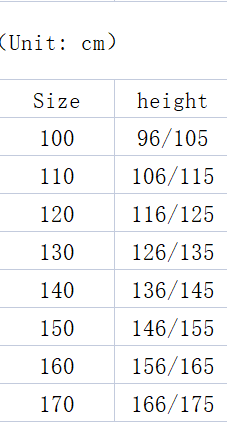 A size chart table showing sizes in centimeters from 100 to 170, with corresponding height measurements in two columns.