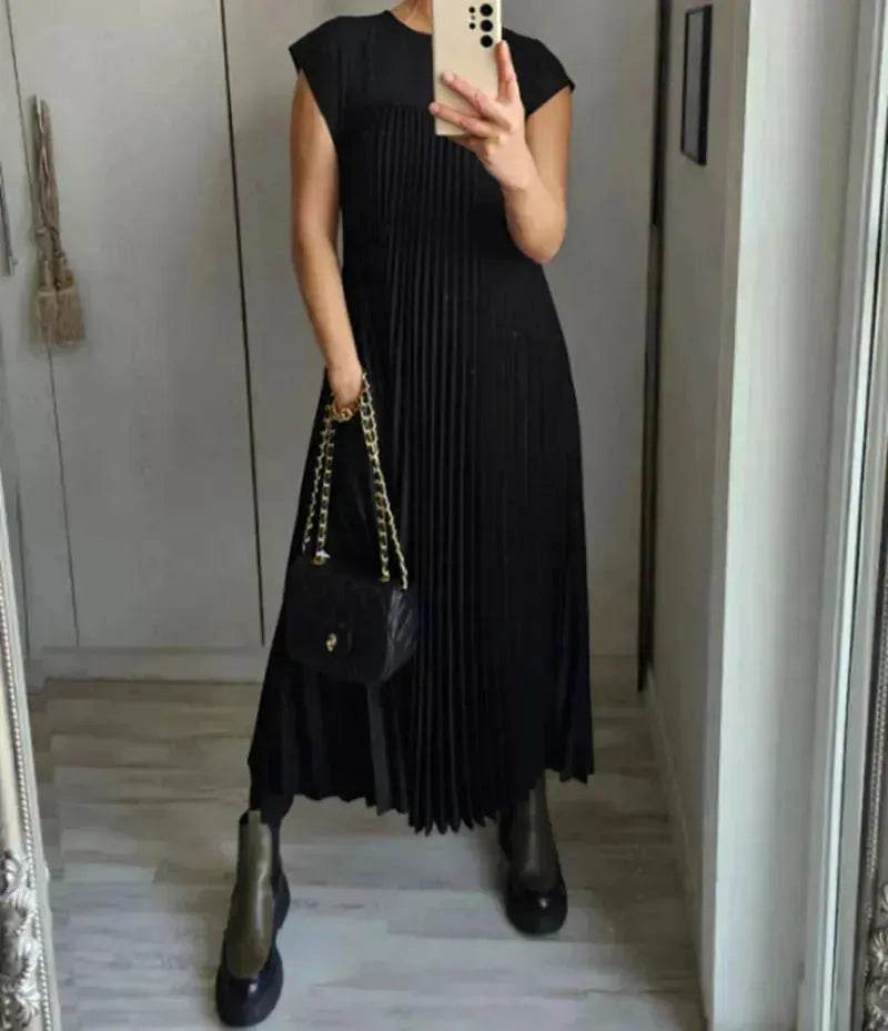 Women Summer Pleated Maxi Dress Casual Short Sleeve Crewneck Flowy Swing Long Dress with Pockets - EX-STOCK Canada