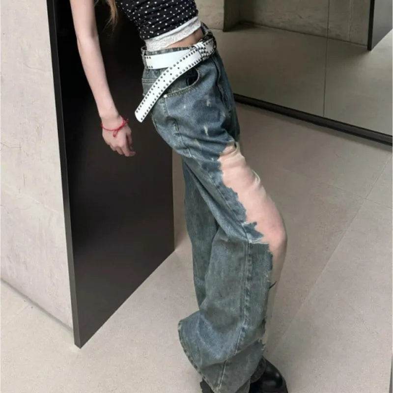 Retro Washed Ripped Baggy Jeans Pant For Women Summer Hollow Out - EX-STOCK Canada