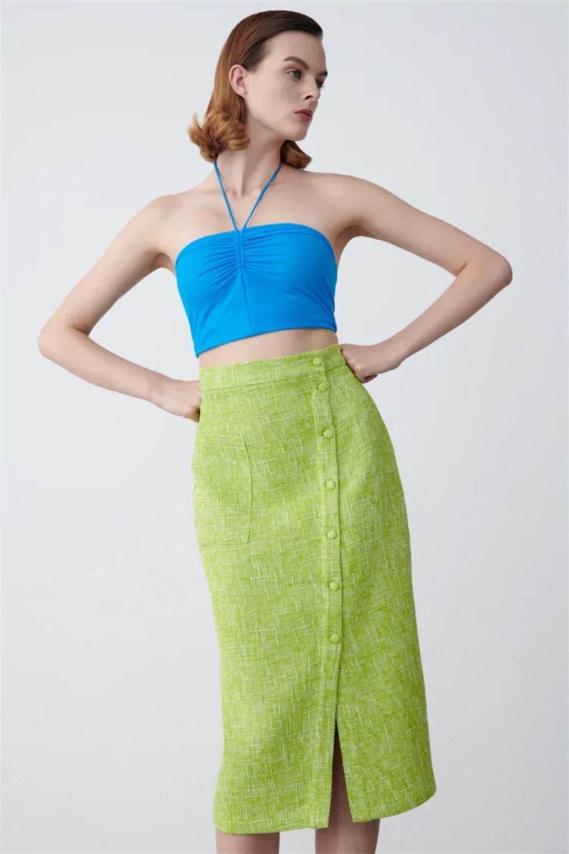 Women's Green Textured Slit High Waist Slit Midi Skirt green - EX-STOCK Canada