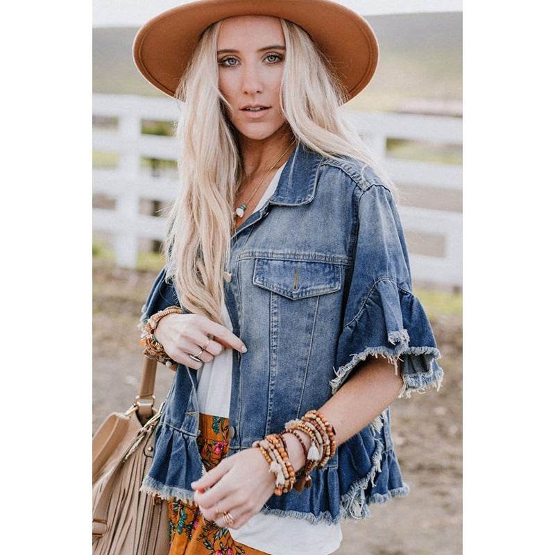 Ruffled Short Sleeves Tops For Women Loose Denim Jacket - EX-STOCK Canada