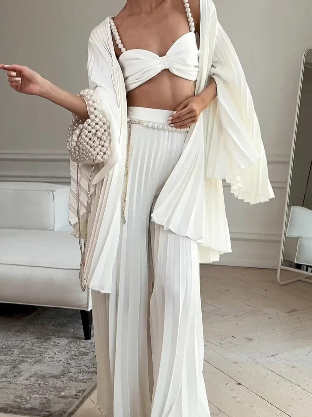Women's White Pleated Pearl-Strap Three-Piece Wide-Leg Pants Suit (XS–XL)