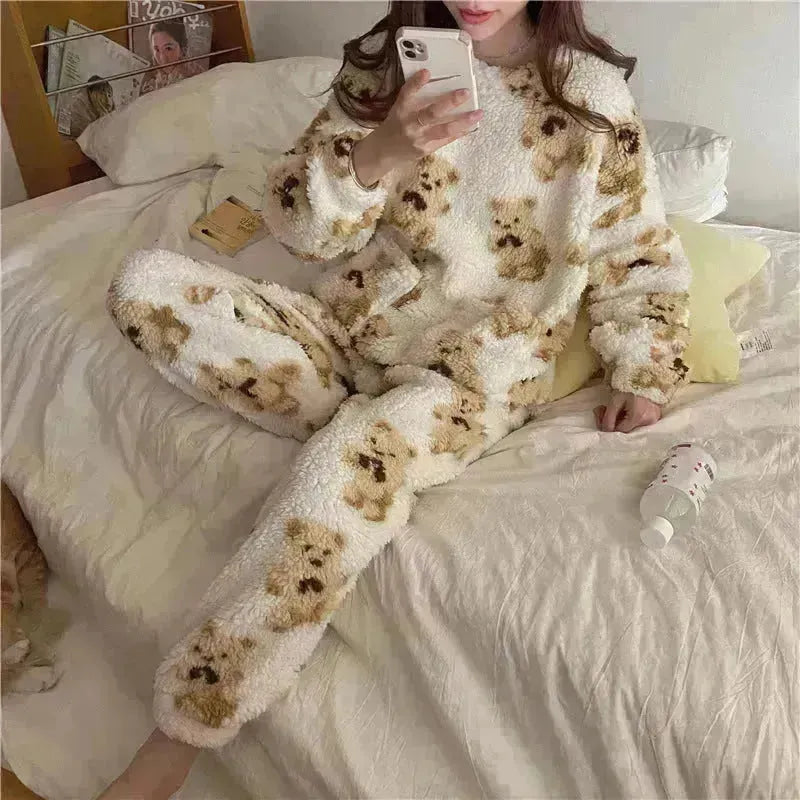 Polar Bear Fleece Winter Home Lounge Wear Pyjamas Set Femmes