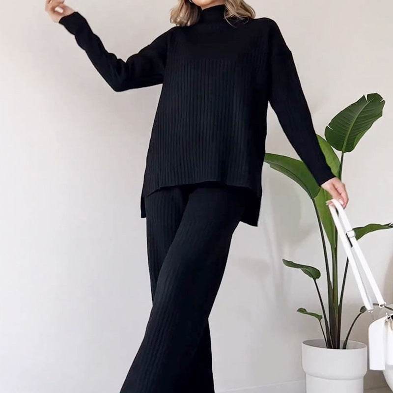Casual 2pcs Co ord Winter Turtleneck Knitted Suit Loose Split Long-sleeved Top And Straight Trousers Fashion Casual Solid Set Women's Clothing - EX-STOCK Canada