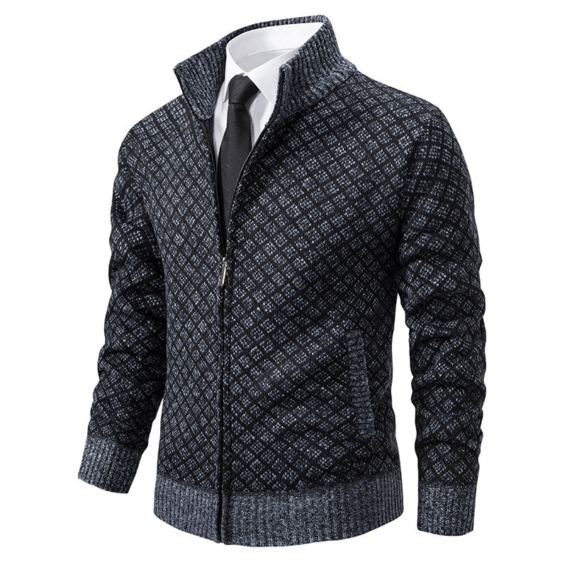 Thickened Plaid Print Jacket Cardigan Fashion Slim Fit Zipper Stand Collar Sweater Winter Men's Casual Long Sleeve Knitted Top Clothing EX-STOCK Canada