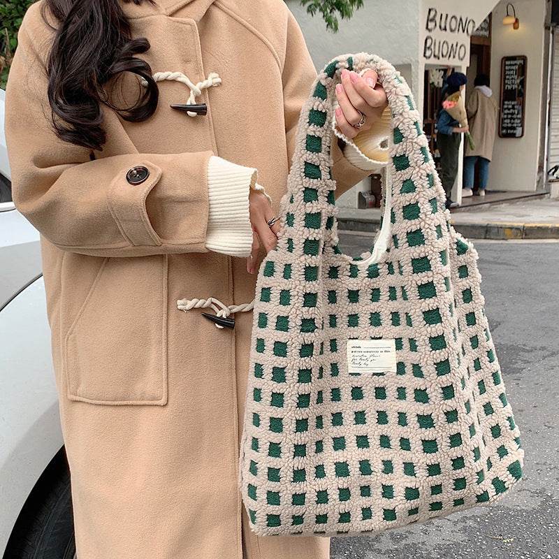 Waffle Flannel Bag Tote Bag Large Capacity Commute Minimalist Student Class Bag - EX-STOCK Canada