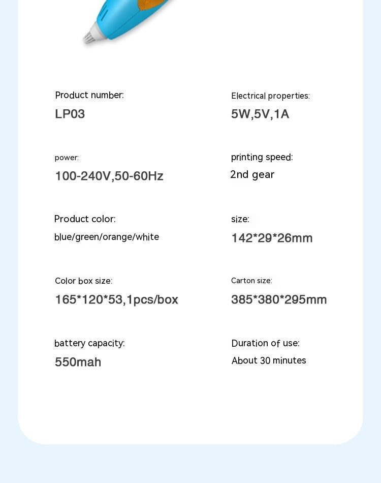Product specifications on a light blue background with a stylus at the top.