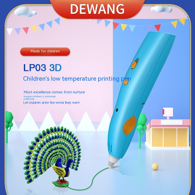 Blue 3D printing pen with a colorful peacock design on a cartoon-like background, featuring the brand 'DEWANG'.