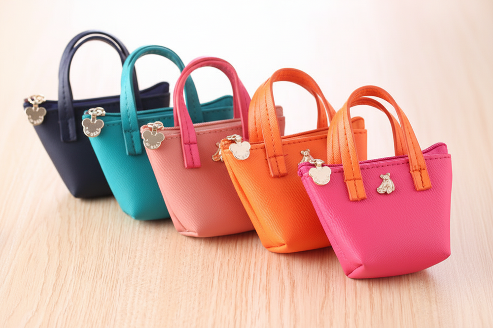 Five miniature tote handbags in navy blue, teal, pink, orange, and magenta, arranged in a diagonal row on a light wood surface.