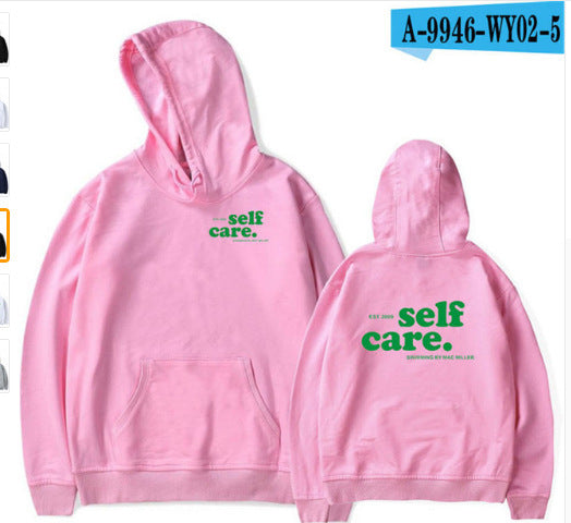 Pink hoodie with 'self care.' text on front and back, displayed from front and back views.