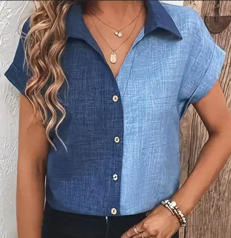 Color Block Button Up Blouse shirt Elegant Lapel Neck Short Sleeve Blouse For Every Day - EX-STOCK Canada