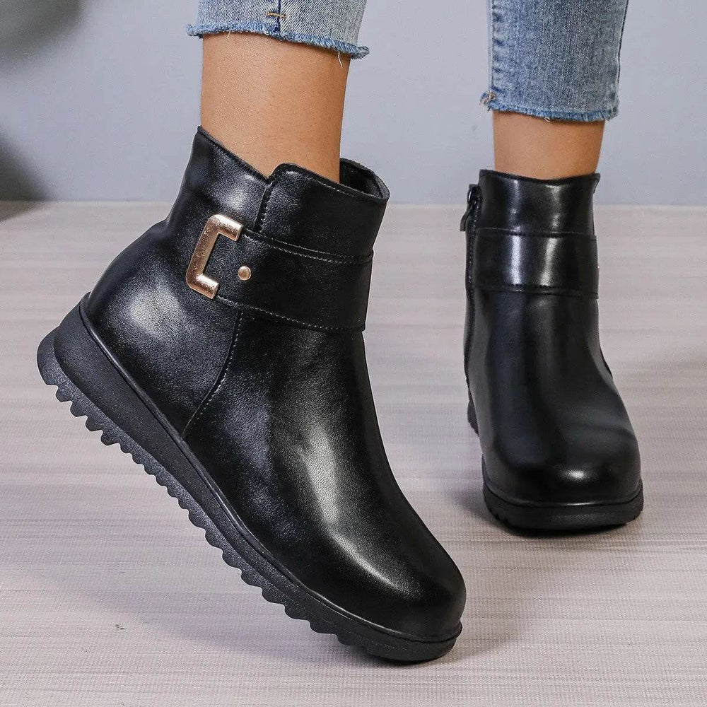 Winter Fleece Boots With Side Zipper Design Fashion Simple Non-slip Ankle Boots For Women Warm Pu Leather Shoes - EX-STOCK Canada