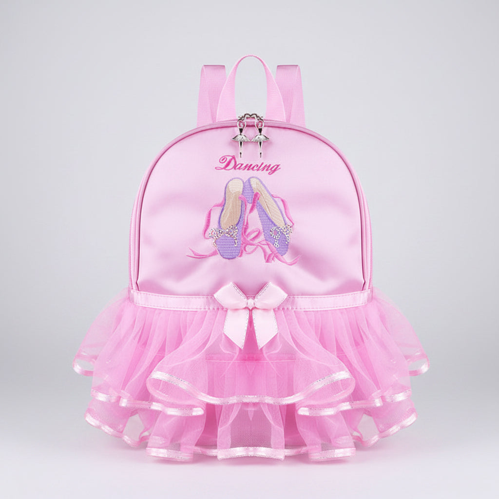 Pink backpack with ballet design and 'Dancing' text on a white background