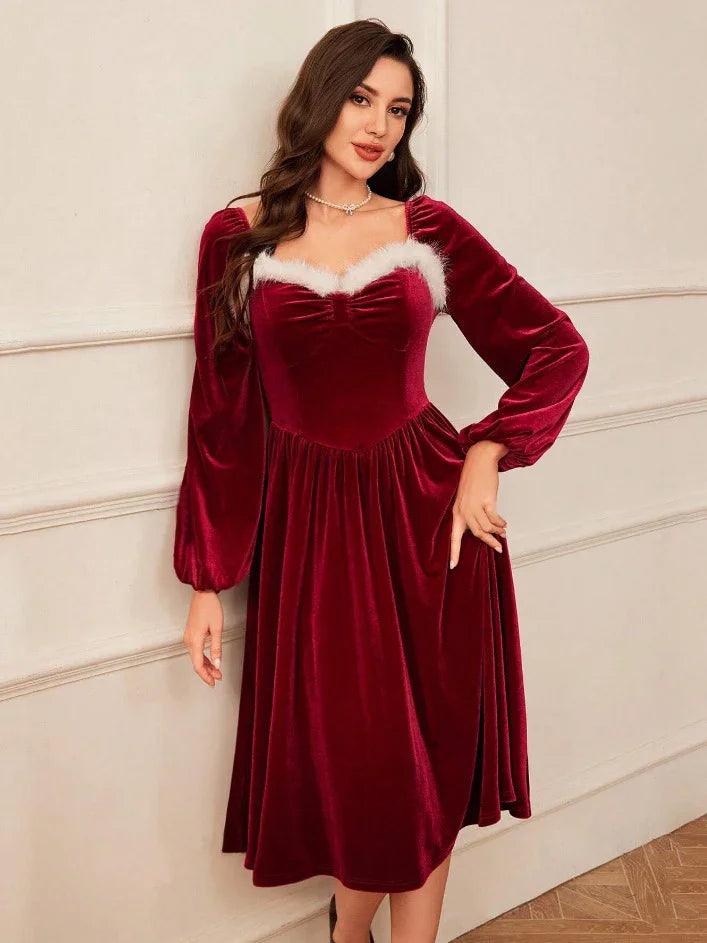 فستان نسائي طويل الأكمام مخملي أحمر لحفلة عيد الميلاد بأسلوب كلاسيكي، بياقة مربعة، أنيق، يبرز القوام عند الخصر، ملابس نسائية لخريفEX-STOCK Canada